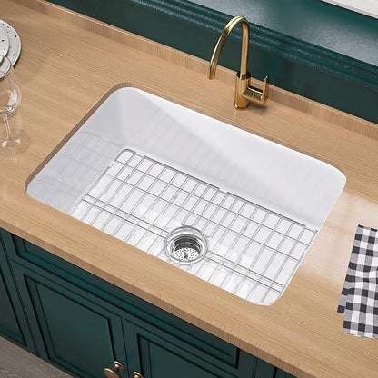 Miuara White Undermount Kitchen Sink 27 Inch - Topmount Fireclay Drop In Sink 27"x19"x10", Dual Mount Heavy Duty Deep Single Bowl, w 2 Accessories, Glossy White, for Kitchen & Laundry & Small Space