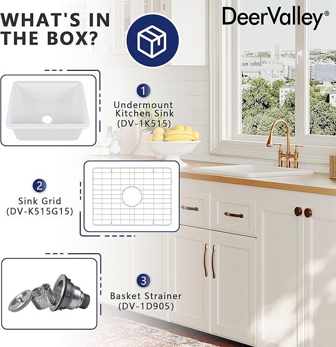 DeerValley Farmhouse Kitchen Sink 24 inch, White Fireclay Undermount Farm Sinks, Single Bowl Deep Drop-in Undermount Sink with Grid & Basket Strainer, Easy to Clean