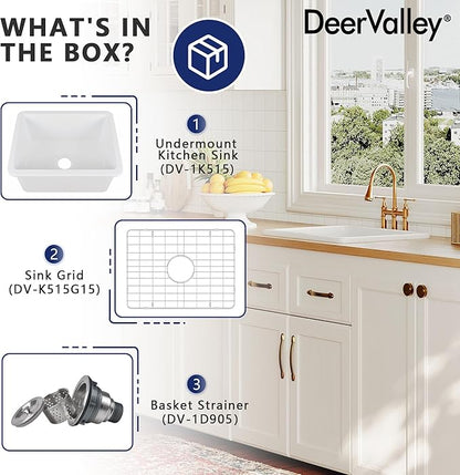 DeerValley Farmhouse Kitchen Sink 24 inch, White Fireclay Undermount Farm Sinks, Single Bowl Deep Drop-in Undermount Sink with Grid & Basket Strainer, Easy to Clean