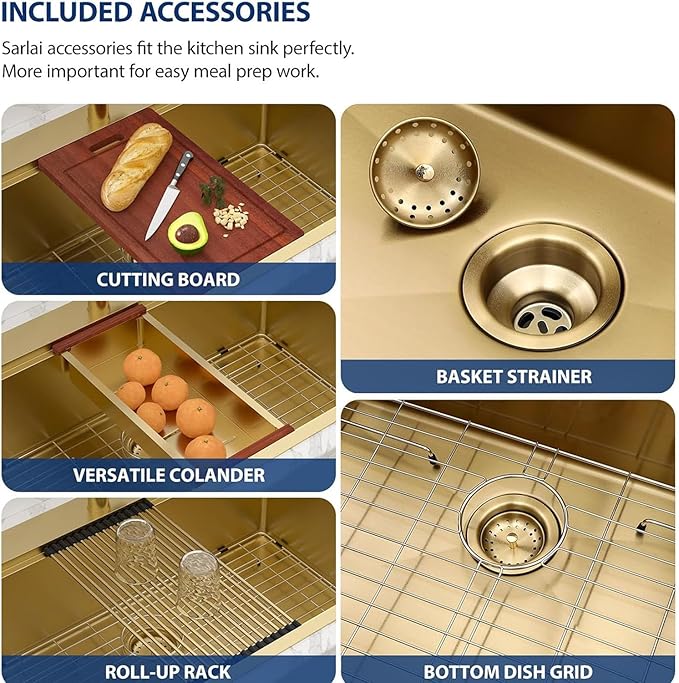 Lordear 36 Inch Drop In Kitchen Sink Matte Gold Stainless Steel 16 Gauge T304 Single Bowl Handmade Topmount Kitchen Sink with Workstation All in One 36x22x10 Inch