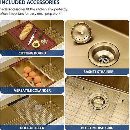 Lordear 36 Inch Drop In Kitchen Sink Matte Gold Stainless Steel 16 Gauge T304 Single Bowl Handmade Topmount Kitchen Sink with Workstation All in One 36x22x10 Inch