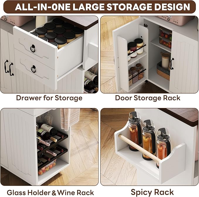 LIKIMIO 51" Mobile Kitchen Island with Drop Leaf & Power Outlet, Kitchen Rolling Island with Storage Cabinets & Drawers, Kitchen Island Cart with Glass Holder & Wine Rack for Dining Room, White