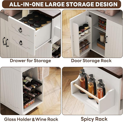 LIKIMIO 51" Mobile Kitchen Island with Drop Leaf & Power Outlet, Kitchen Rolling Island with Storage Cabinets & Drawers, Kitchen Island Cart with Glass Holder & Wine Rack for Dining Room, White