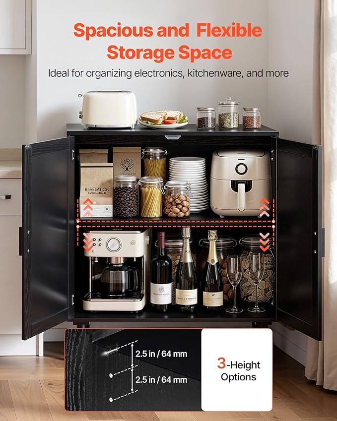 VEVOR Rattan Cabinet, Rattan Buffet Cabinet with 2 Magnetic Doors and Adjustable Shelves, Accent Sideboard Buffet with Wooden Legs & Power Cord Hole for Hallway, Entryway, Kitchen, Black