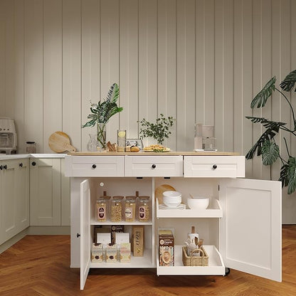 GarveeHome Rolling Kitchen Island with Drop Leaf Countertop, Charging Station & Ample Storage - 47.2 in Mobile Kitchen Cart On Wheels with Pull-Out Shelves, Drawers, Spice Rack & Organizer Divider