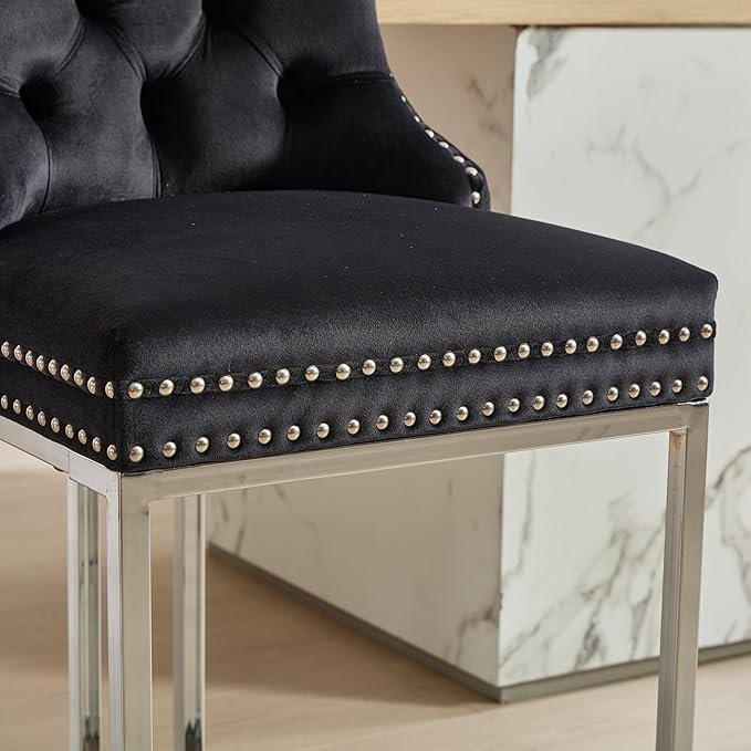 26" Counter Height Bar Stools Set of 2, Black Velvet Upholstered Kitchen Island Chairs with Button Back, Rivet Trim, Sturdy Chromed Metal Base, Ergonomic High Back for Dining Room