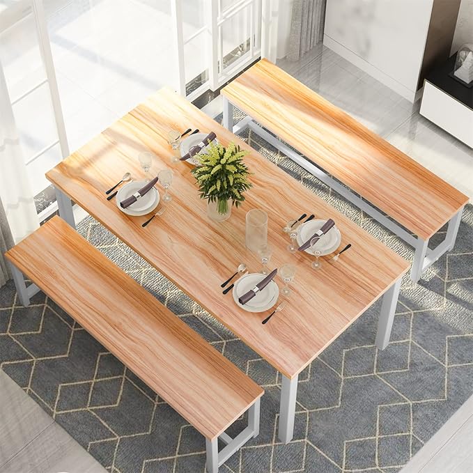 Recaceik 47" Dining Room Table Set with 2 Benches, Kitchen Dining Table Set for 4-6, Space Saving Kitchen Table and Chair Set for Dining Room, Small Space, Breakfast Nook(Walnut)