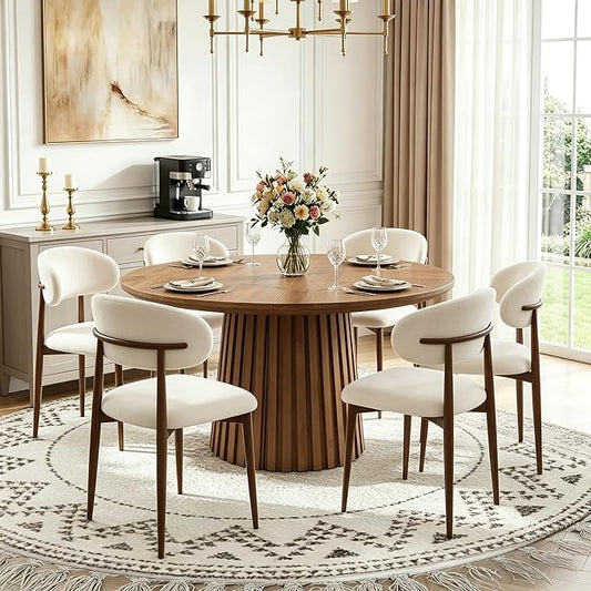 Beige Dining Chairs Set of 6, Modern Fabric Upholstered Dining Room Chair with Wood-Grain Metal Legs, Farmhouse Kitchen Side Chairs for Home and Restaurant, Walnut Metal Legs(Only Chair)