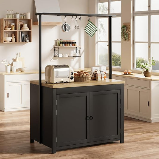 GarveeHome Kitchen Island with Storage 42 in - Heavy Duty Kitchen Cart, Mobile Kitchen Island with 2-Tier Shelves & 5 Hooks, Solid Wood Countertop for Small Spaces (Black & Natural)