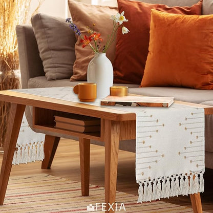 FEXIA Boho Table Runner with Tassels 90 Inches Long for Home Decor Macrame Room Decor Farmhouse Rustic Table Runners for Dining Bedroom Bridal Shower (12x90 Inches)