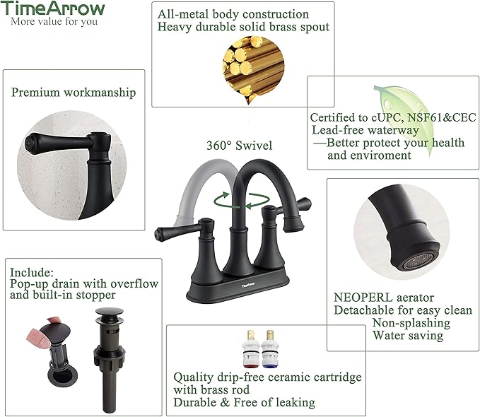 TimeArrow Matte Black 2 Handle Centerset Bathroom Sink Faucet 3 Holes with Drain Assembly, High Arc Modern 4 Inch Bathroom Vanity Lavatory Faucet with Brass 360° Swivel Spout, TAF067Y-MB