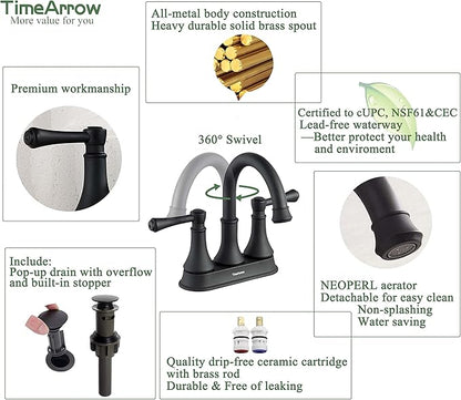 TimeArrow Matte Black 2 Handle Centerset Bathroom Sink Faucet 3 Holes with Drain Assembly, High Arc Modern 4 Inch Bathroom Vanity Lavatory Faucet with Brass 360° Swivel Spout, TAF067Y-MB