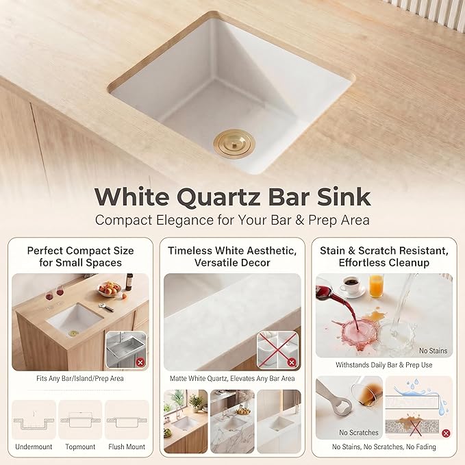 MILOSEN White Undermount Bar Sink, 15×17 Inch Small White Wet Bar or Prep Sink, 9 Inch Deep Granite Composite Outdoor Single Bowl Basin with Accessories, Small Quartz Sinks
