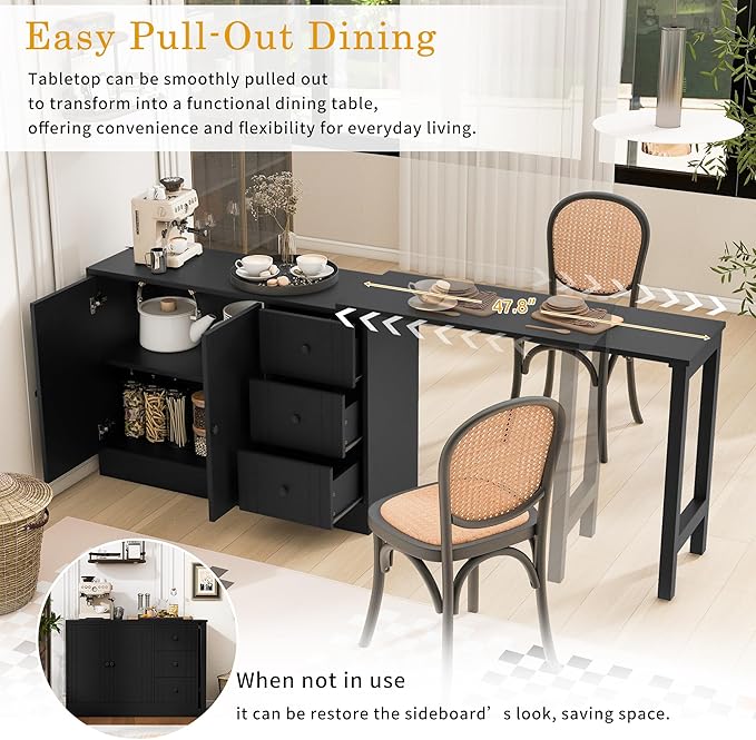 JIJIWANG 89.7'' Wooden Sideboard with Extendable Table,Multifunctional Storage Kitchen Island with 2 Doors and 3 Drawers,for Living Room,Study,Foyer and Kitchen, Black