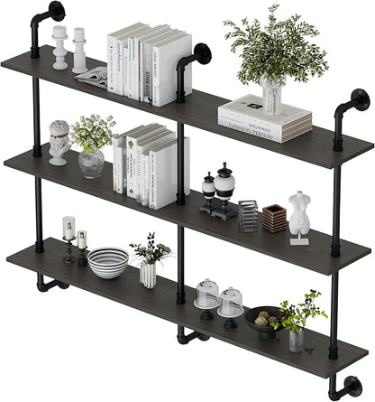 3-Tier Industrial Pipe Floating Shelf – Rustic 48 inch Wood Wall-Mounted Storage Shelf for Kitchen Office,Bathroom & Home Decor -Black