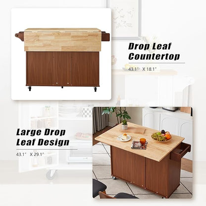 Modern Dining Table Expandable Kitchen Island with Drop Countertop Cabinet Tower Rack Rolling Cart Wheels Wood Console,Brown-3