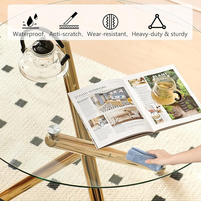 35.43'' Round Glass Dining Table,Modern Kitchen Table for 2-4 People,Dining Room Table with Tempered Glass Top and Metal Legs for Kitchen Apartment