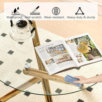 35.43'' Round Glass Dining Table,Modern Kitchen Table for 2-4 People,Dining Room Table with Tempered Glass Top and Metal Legs for Kitchen Apartment