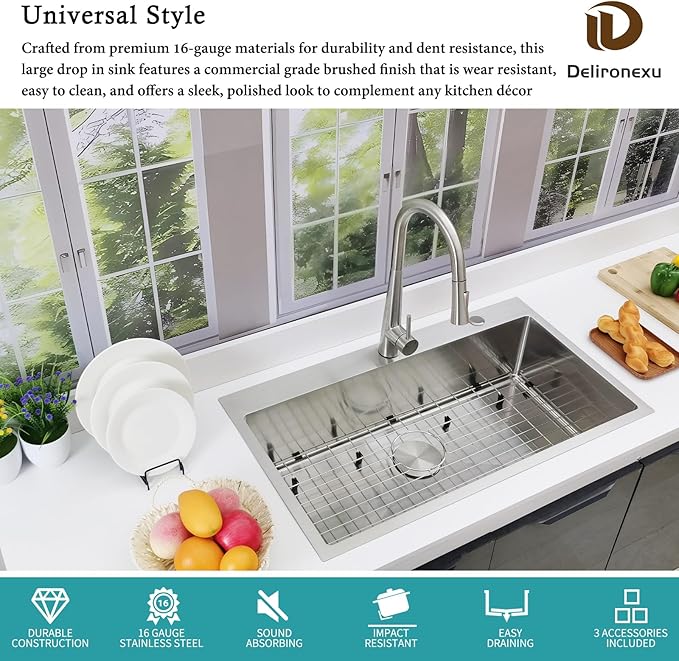 33x19 Drop in Kitchen Sink - Delironexu 16 Gauge Stainless Steel Sinks Top Mount, 33 Inch Drop in Kitchen Sink Single Bowl with 3 Accessories Package