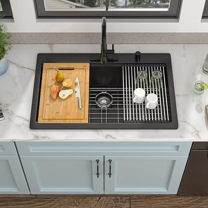 33 Granite Composite Kitchen Sink - Fulorni 33"x22" Granite Kitchen Sink Drop In Topmount Ledge Workstation ‎Matte Black Quartz Classic Above Counter Single Bowl Sink Basin