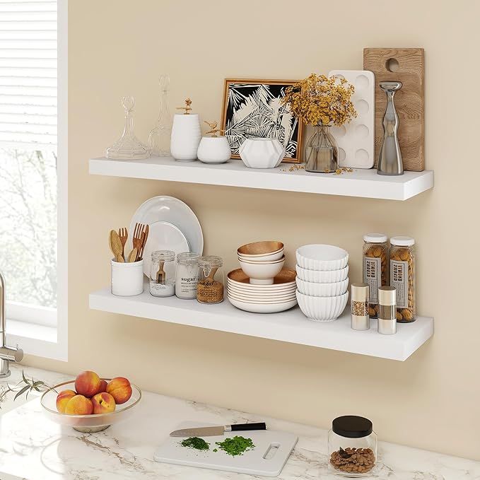Acovy 36 Inch Floating Shelves, 9.3" Deep Floating Shelf Wall Mounted, 36" Wall Shelves, Rustic Deep Bookshelf, Large Display Shelves & Storage Shelves for Bedroom, Living Room, White, Set of 2