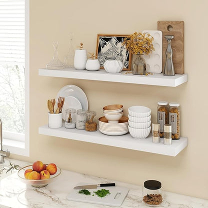 Acovy 36 Inch Floating Shelves, 9.3" Deep Floating Shelf Wall Mounted, 36" Wall Shelves, Rustic Deep Bookshelf, Large Display Shelves & Storage Shelves for Bedroom, Living Room, White, Set of 2