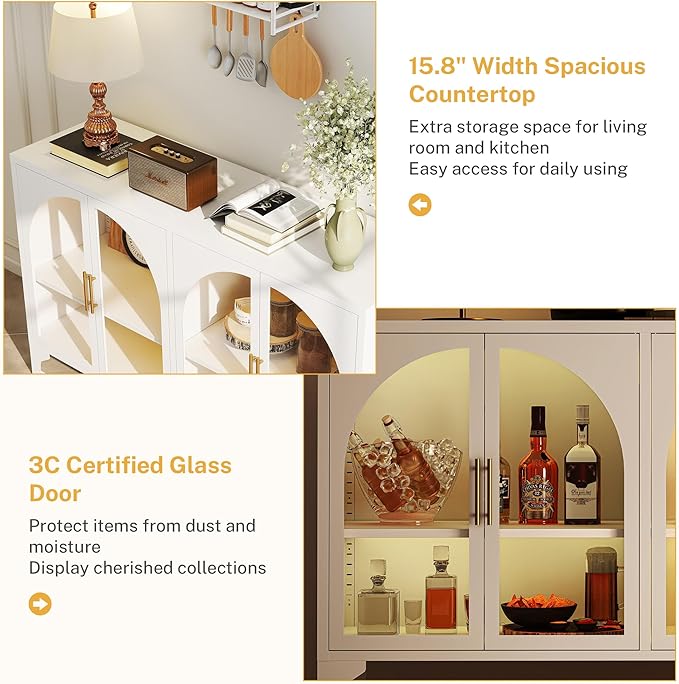 Foreate Arched Sideboard Buffet Cabinet with Storage & LED Light, 53.2" Large Buffet Cabinet with 4 Glass Door & Adjustable Shelf, Modern Farmhouse Sideboard Credenzas Metal Kitchen Buffet, White