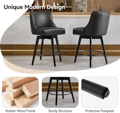Counter Height Bar Stools Set of 6, Swivel Barstools with Backs and Wood Legs, Faux Leather Upholstered Counter Stools for Kitchend Island, Mid-Century Modern 26" Seat Height Bar Chairs, Black