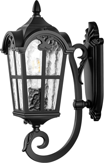 VIANIS Black Dusk to Dawn Outdoor Lighting, Vintage Outdoor Sconce Lights with Water Ripple Glass, 100% Aluminium Anti-Rust Waterproof Patio Wall Light Fixture, Outside Porch Lantern for House Garage
