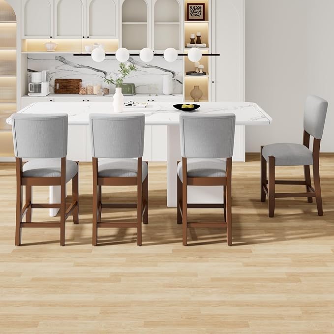 GOWE Mid Century Modern Bar Stools Set of 4, 40.4" Counter Stools with Back, Linen Upholstered Barstools with Solid Wood Legs Bar Chairs for Kitchen Island Dining Room, Grey (4-Piece Chairs)