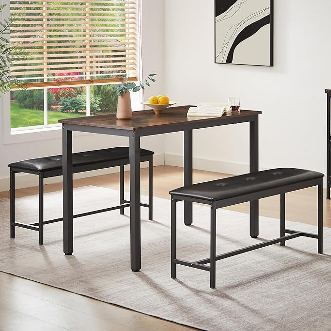 Dining Table Set for 4, Wood Kitchen Table & Chair with 2 Upholstered Benches for Breakfast Nook and Small Space, Brown