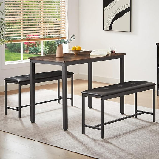 Dining Table Set for 4, Wood Kitchen Table & Chair with 2 Upholstered Benches for Breakfast Nook and Small Space, Brown