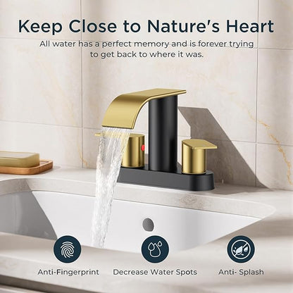 FORIOUS Black and Gold Bathroom Faucets, Waterfall 4 Inch Centerset Bathroom Sink Faucet with Metal Pop up Drain and cUPC Hose for Basin, Vanity, RV, Pedestal 2 or 3 Hole Sink