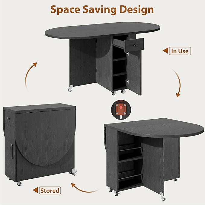 Jocoevol Round Folding Dining Table for 6, Space Saving Drop Leaf Kitchen Table with Storage Drawer, 6 Wheels Oval Gateleg Foldable Dining Table for Small Spaces (Black, 51" x 31.5" x 30")