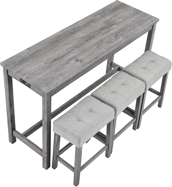 4-Piece Farmhouse Kitchen Table Stool Set with Power Outlets, Industrial Dining Tables with 3 Upholstered Stools, Wooden Counter Table Chairs w/Charging Station&2 USB Ports, Gray+Gray