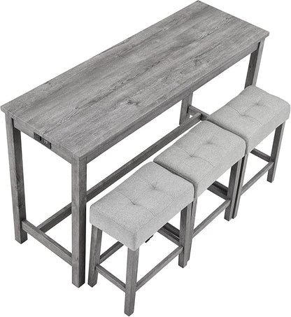 4-Piece Farmhouse Kitchen Table Stool Set with Power Outlets, Industrial Dining Tables with 3 Upholstered Stools, Wooden Counter Table Chairs w/Charging Station&2 USB Ports, Gray+Gray