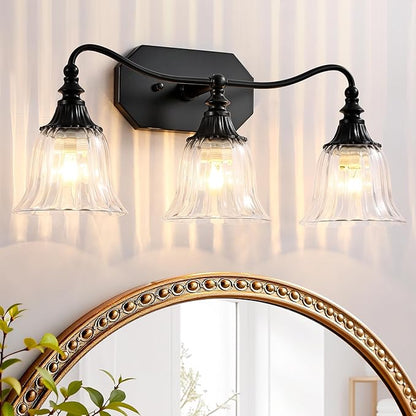 LmnLvn Bathroom Vanity Black Vintage Light Fixture, 3 Lights Bathroom Lighting Matte Antique Brass Finish with Crystal Glass Shade, Black Vintage Vanity Light for Bathrooms