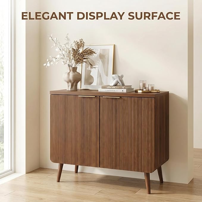 Natural Wood 29.5" Modern Fluted Sideboard – 2-Door Buffet Cabinet with Adjustable Shelves, Multi-Space Storage Credenza for Living Room, Dining Room & Entryway