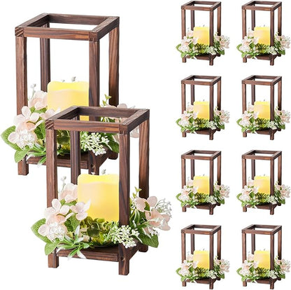 VEVOR 10 Set/30 Pcs Wooden Wedding Lantern Centerpiece, Includes 10 Wooden Lantern Candle Holder 10 Flameless LED Candle 10 Champagne Flower Wreath for Wedding Table Party Farmhouse Decor, Brown