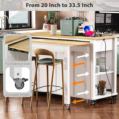 GOWE K&K 47 inch Kitchen Island with Extendable Dining Table, Rubber Wood Veneer Kitchen Table with Internal Storage Rack, Power Outlet, Kitchen Island with Storage 2 Drawers 2 Cabinet,White