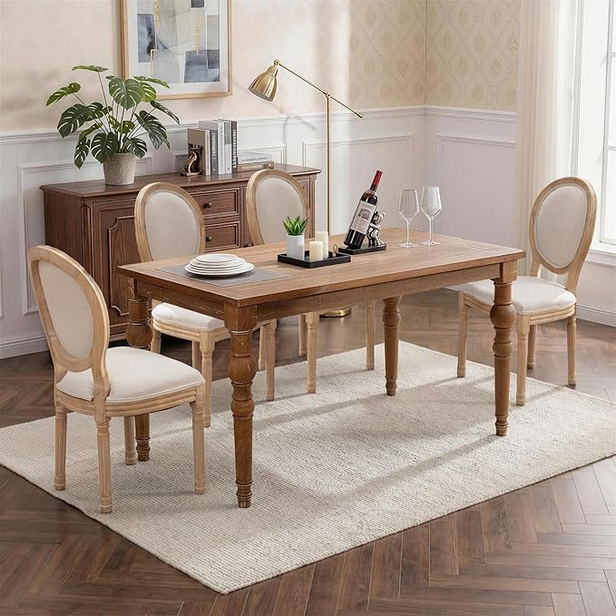SoarFlash French Dining Chairs Set of 4, Vantage Linen Dining Chair with Round Back, Farmhouse Country Dining Chair for Kitchen,Restaurant,Beige