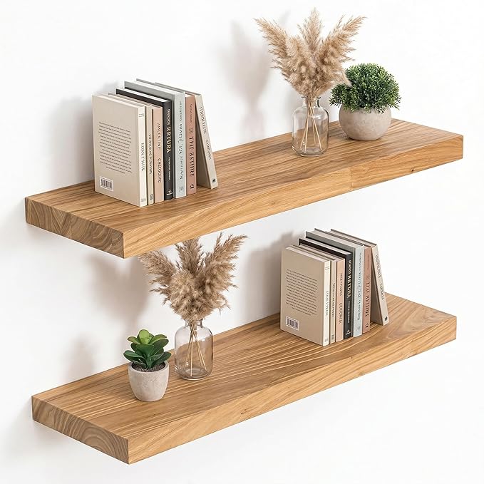 Acovy Extra Deep 24" Long Rustic Solid Wood Floating Shelves for Wall, Wall Shelves with Invisible Bracket for Living Room Bathroom Bedroom Kitchen, Set of 2, Walnut