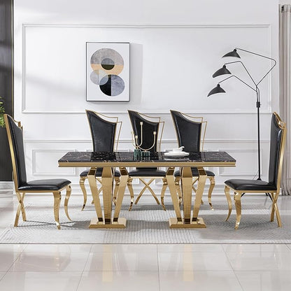 Black Marble Dining Table for 4 6 8, Modern 68 Inch Kitchen Table with Faux Marble Top and Gold Dimaond Design Pedestal Base, Luxurious Rectangular Large Dining Room Table,Home Kitchen Furniture