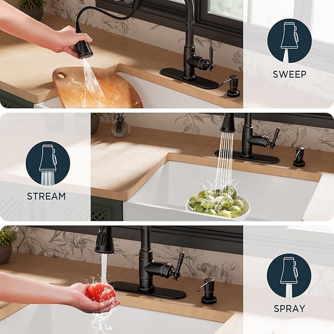 FORIOUS Vintage Kitchen Faucet with Soap Dispenser and Pull Down Sprayer, High Arc Single Handle Stainless Steel Classic Sink Faucet for Farmhouse Camper Rv Bar, Fit for 1 or 3 Hole, Oil Rubbed Bronze