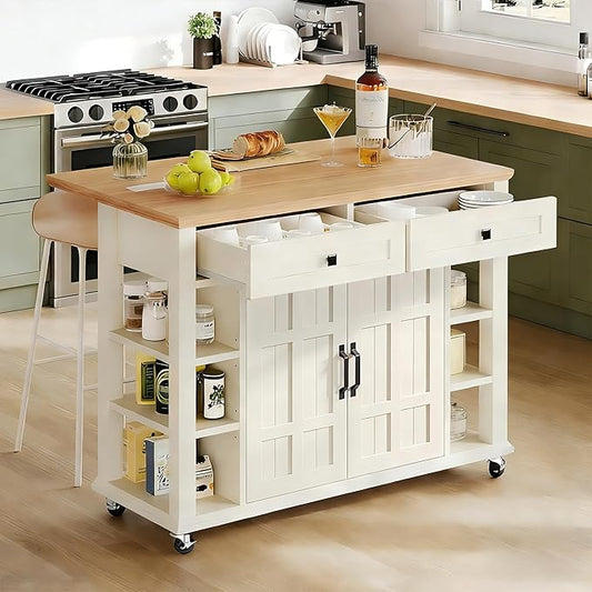 YITAHOME Kitchen Island with Drop Leaf, Mobile Storage Island with Power Outlet, Americana Rolling Kitchen Carts with Storage Shelves and Drawers, Island Table on Wheels for Dining Room, Beige