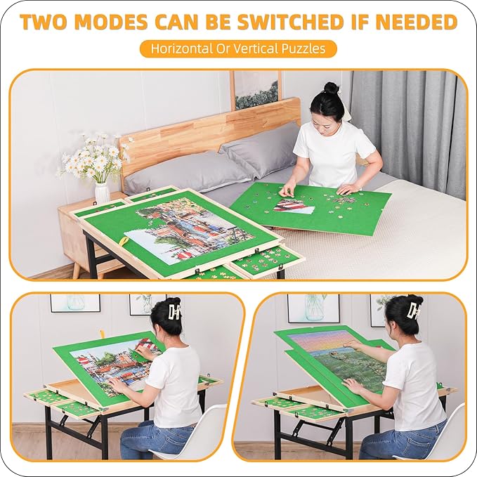 Puzzle Table with 4 Drawers & Legs & Cover 1500 Piece Foldable Adjustable Jigsaw Table with Wheels Wooden Portable No Assembly Puzzle Tables for Adults and Seniors Gifts