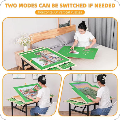 Puzzle Table with 4 Drawers & Legs & Cover 1500 Piece Foldable Adjustable Jigsaw Table with Wheels Wooden Portable No Assembly Puzzle Tables for Adults and Seniors Gifts