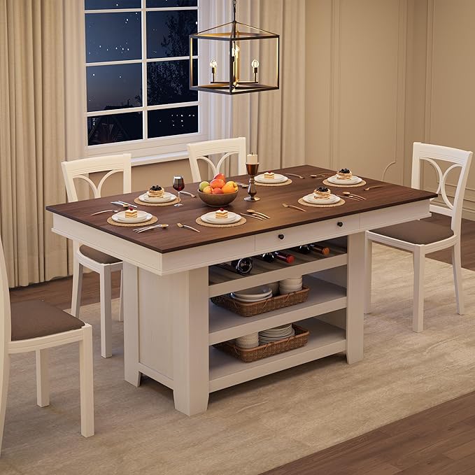 IDEALHOUSE 60" Wood Dining Table for 4-6, Counter Height Kitchen Table with Wine Rack and 2 Drawers, Open Shelves and Sturdy Legs, 4-Tier Stationary Kitchen Island for Dining Room and Kitchen