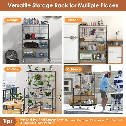 Leteuke Bakers Rack with Storage & Wheels, 42 Inch Microwave Stand Kitchen Shelves, 4-Tier Heavy Duty Storage Rack with 20 S-Hooks, Commercial Metal Utility Kitchen Cart, 42× 18× 63 Inch, Black