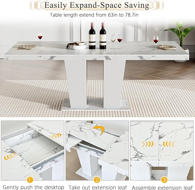 Goujxcy 9-Piece Extendable Dining Table Set for 6-8 People 63-78 Inch Kitchen Table Set with 8 Blue Upholstered Chairs Modern White Faux Marble Rectangular Dining Room Table Set for Kitchen Apartment